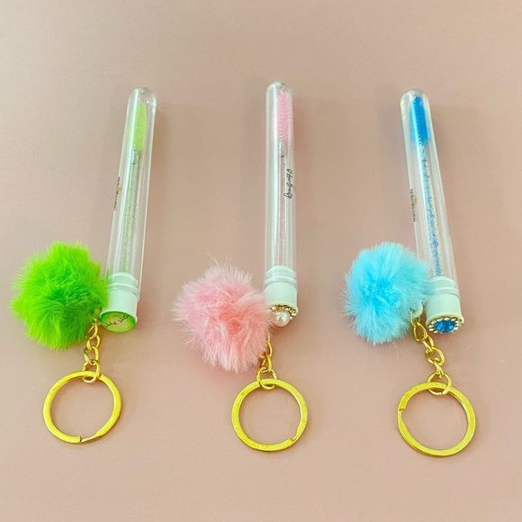 3pcs Tube Eyelash Brush/Spoolie with Furball & Gold Keychain | Mascara Wand - Picture 3 of 6